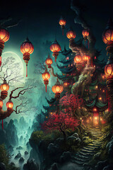 Obraz na płótnie Canvas Wonderful fantasy landscape with traditional chinese houses in the mountains and orange glowing chinese lanterns, Chinese Lantern Festival, twilight, Generative AI