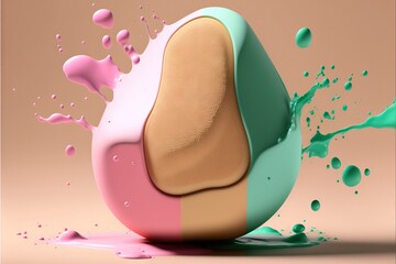 a colorful object with a pink, green and blue paint splashing on it's side and a pink and blue object with a green color on it's side and a light brown background.