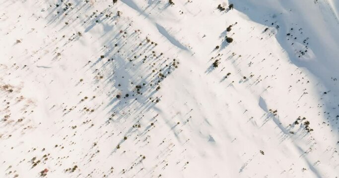 WINTER WONDERLAND Top view, drone flies above white winter ski resort chalet village buildings all covered in deep snow.