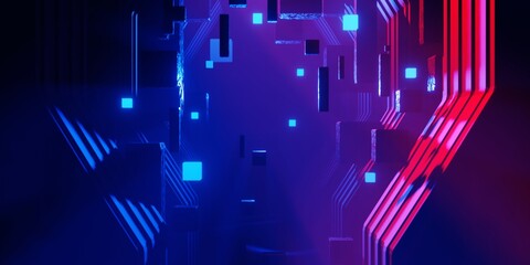 gaming background abstract wallpaper, cyberpunk style scifi game, neon glow of stage scene in pedestal display room, 3d illustration rendering, esports team concept