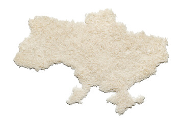 grain on a white background in the shape of a map of Ukraine; in the outline of the map; export of agricultural products; food industry of Ukraine;  a large number of rice grains in the shape of a cou