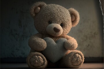 a teddy bear sitting on the floor holding a heart shaped object in its paws, with a grungy background and a stone wall behind it, with a stone wall, and a.