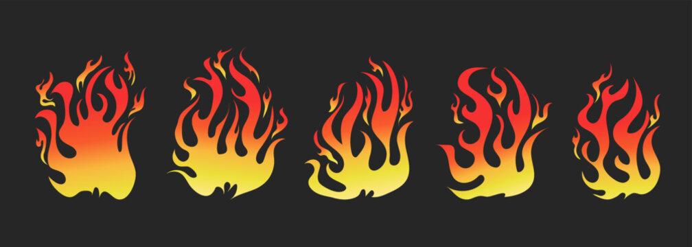 Hand drawn fire illustration on black background for element design. silhouette of flames in set.