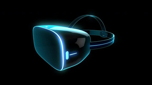 Virtual Reality Headset 3D looping animation, rotating glossy black VR goggles with neon light elements, isolated on black background with alpha matte.
