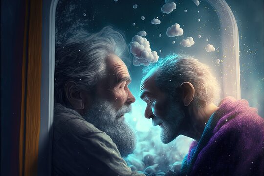 Romantic elderly gay male couple,digital art style. AI generated