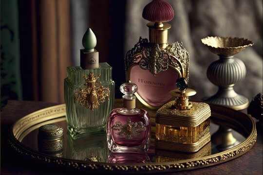 a tray with a variety of perfumes on it and a gold tray holding a bottle of perfume and a gold vase with a gold lid and a gold plate holding a candle holder with a.