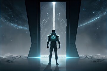 A man stands in front of a teleport, a fantastic illustration