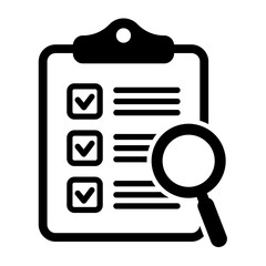 Analysis, analyzing icon. Clipboard with magnifier loupe icon, business concept. File search icon, document search, vector isolated.