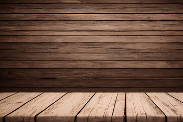 WOODEN TABLE WITH WOODEN WALL BACKGROUND FOR PRODUCT SHOWCASE- Generative AI technology