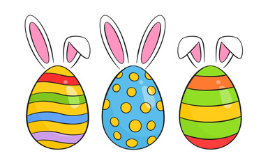 Colorful Easter eggs with bunny ears. Cartoon. Vector illustration. Isolated on white background