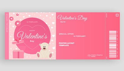 Valentine's Day ticket template. Love ticket with cute romantic design elements. Ideal for web, event invitation, discount voucher, advertising. Vector