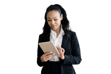 A beautiful woman smiling writes a message in a tablet in a white shirt, transparent background.