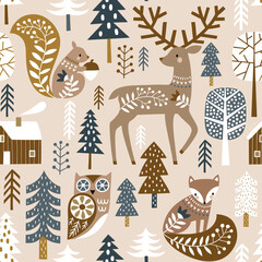 Seamless vector pattern with cute woodland animals and woods on dark grey background. Scandinavian woodland illustration. 
