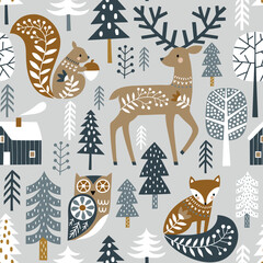 Seamless vector pattern with cute woodland animals and woods on light grey background. Scandinavian woodland illustration. 