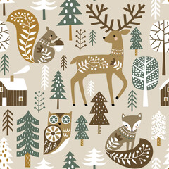 Seamless vector pattern with cute woodland animals and woods. Scandinavian woodland illustration. 