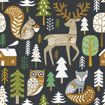 Fototapeta Seamless vector pattern with cute woodland animals and woods on dark grey background. Scandinavian woodland illustration. 