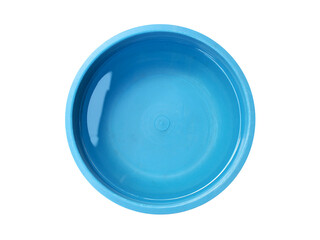 clear water and reflection in blue plastic basin isolated on white