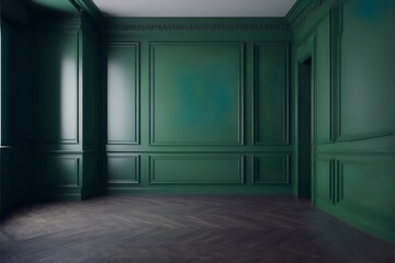 Interior in a contemporary classic green color with wood floors, and drapes mockup.