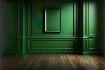 Victorian classic green empty interior with wall panels and wooden floor, illustration mock-up