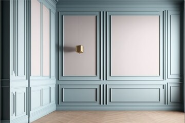 Modern classic pastel empty interior with wall panels and wooden floor, illustration mock-up