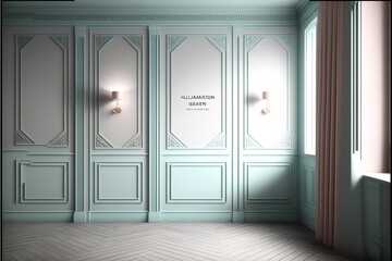 Pastel colored victorian style empty room interior , wall mockup 
