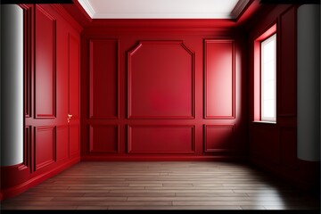 Modern classic red empty interior with wall panels, wooden floor and moldings, illustration mock-up
