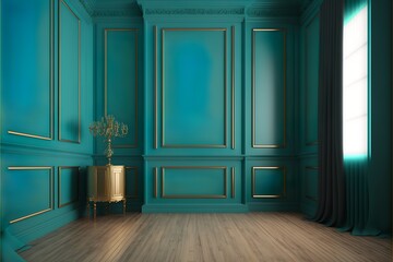 Victorian classic turquoise empty interior with wall panels and wooden floor, illustration mock-up