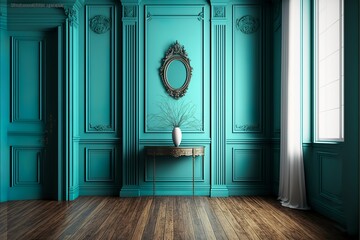 Interior in a contemporary classic turquoise color with wood floors, and drapes mockup.