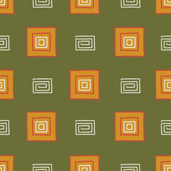 Tribal style square shape elements seamless pattern on green background