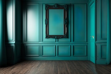 Obraz na płótnie Canvas Modern classic turquoise empty interior with wall panels and wooden floor, illustration mock-up