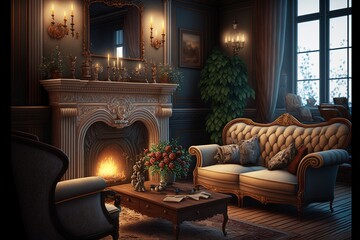 Victorian style mansion interior with french sofa 