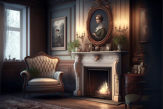 Royalty Victorian style modern mansion interior with pictures on the wall