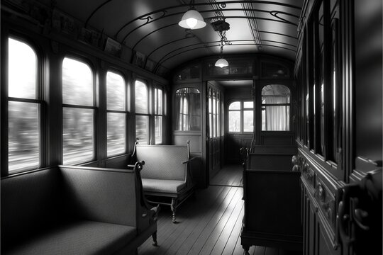a train car with a couch and windows on the inside of it, and a train car with a couch and windows on the outside of it, and a train car with a window and a bench. Generated AI