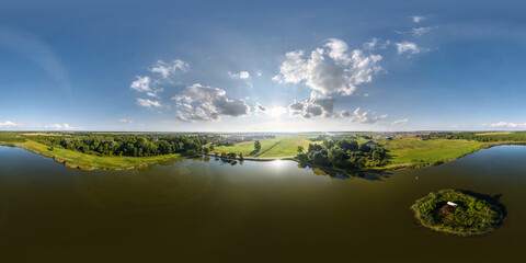 360 hdri panorama aerial view over lake with island in equirectangular seamless spherical...
