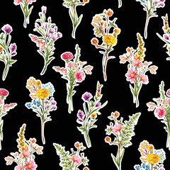 Trendy Hand drawn Wild Meadow florals , Flower bouquet illustration Seamless Pattern Vector