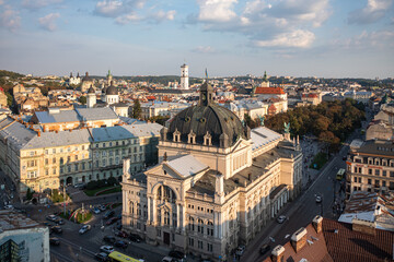 Fototapeta na wymiar Lviv, Ukraine - August 12, 2021: Aerial veiw on Lviv National Opera from drone