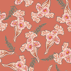 Trendy Hand drawn Wild Meadow florals , Flower bouquet illustration Seamless Pattern Vector