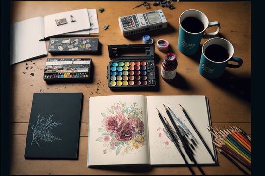 a table with a book, coffee cup, pencils, and other art supplies on it, and a cup of coffee and a pencil and a book with a drawing on it,.