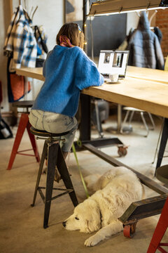 Woman sits with her cute adorable dog at modern coffee shop, working on laptop. Pet friendly places and modern digital lifestyle concept