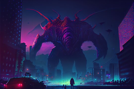 Giant monster destroys the night city