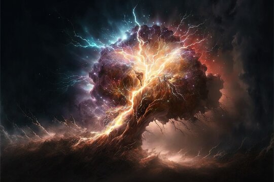 a tree with a lot of lightning in it's trunk and a sky background with clouds and lightnings in the sky, and a dark sky with a few clouds and a few stars.