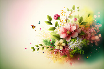 A gentle beautiful spring background with flowers composition. Created with Generative AI.
