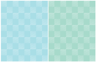 Simple Hand Drawn Irregular Geometric Vector Seamless Patterns. White Grid made of Striped Squares on a Blue and Mint Background. Freehand Checker Print. Cute Infantile Style Repeatable Design.	