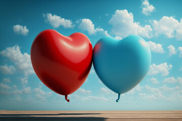 Naklejka na ściany i meble Valentines day. Two heart shape balloons flying on blue sky background. AI generative
