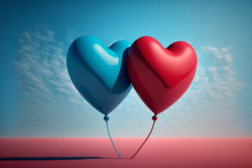 Valentines day. Two heart shape balloons flying on blue sky background. AI generative