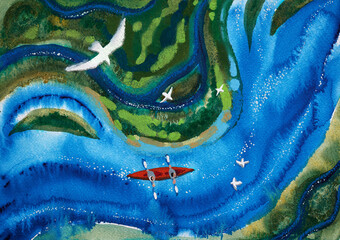 Kayak or boat on the river. View from above. Packrafting. Two rowers in a boat. - obrazy, fototapety, plakaty