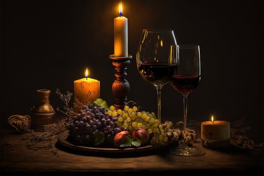 a plate of grapes, grapes, and candles on a table with a candlelight and a candle holder on it, and a candle lit candle in the middle of the picture is on the plate.