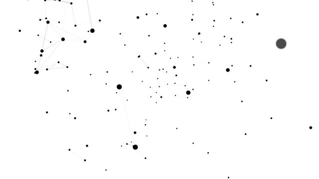 Random movement of 4k motion graphics points. Dark objects on a white background. The black dots are connected by spider web lines. Black plexus