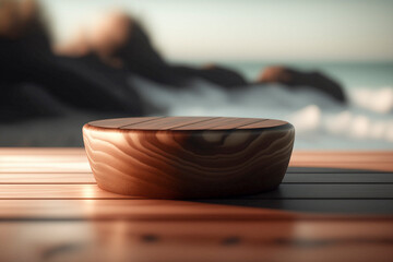 WOODEN TABLE WITH BOKEH BEACH BACKGROUND PRODUCT SHOWCASE- Generative AI technology