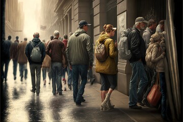 a group of people walking down a street next to tall buildings on a rainy day with a few people walking by the building and one person carrying a bag and a backpack on the other.